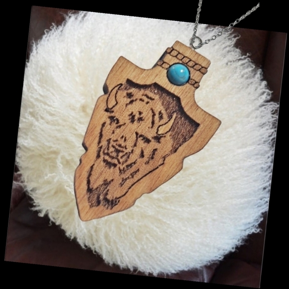 .Wooden Bison Hand Carved Pendant with Turquoise Stone and Stainless Steel Neck - Picture 2 of 5